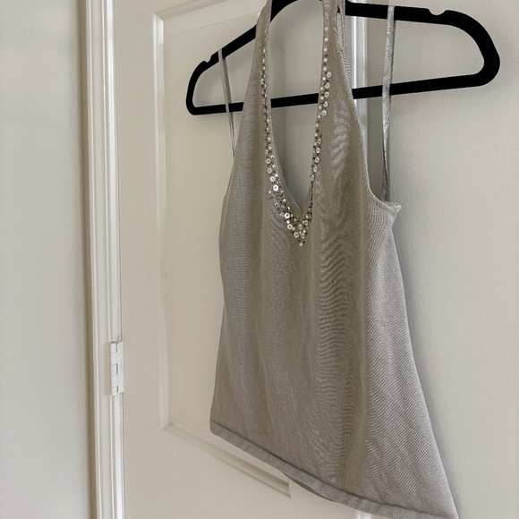Taupe Sequin Embellished Halter Knit Top | V-Neck Sparkle Detail - Size Small - Picture 2 of 7
